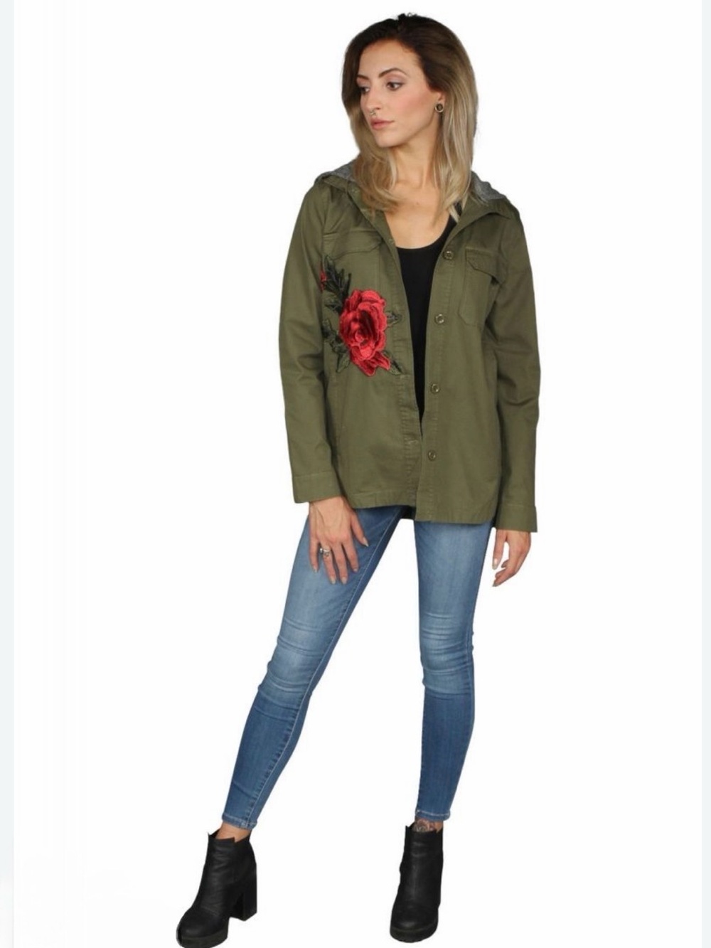 Active USA NWOT Olive Green 3D Rose Embroidered Hooded Utility Jacket